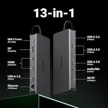 UGREEN USB-C to 2x USB-A 3.2 2x USB-A 3.0 1x USB-C 3.2 2x HDMI DP RJ45 SD TF 3.5mm PD Port Converter 13-in-1 10Gbps