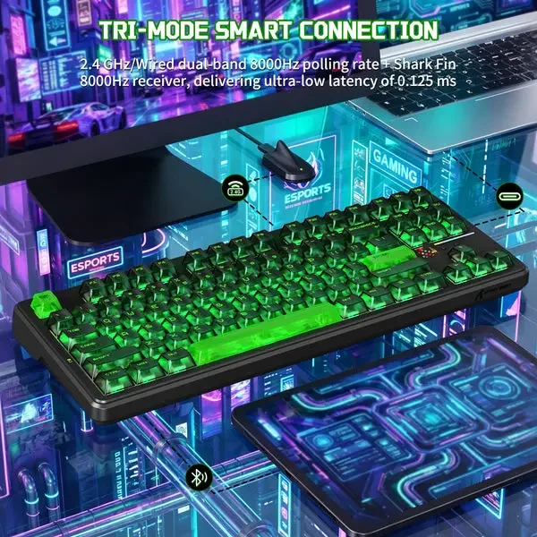 Attack Shark X87 Ultra Wireless Mechanical Keyboard – TKL, Tri-Mode 2.4GHz 8K / Bluetooth / USB-C, RGB, Shadow Jade