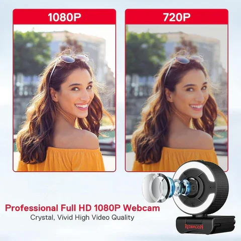 Redragon Oneshot GW910 1080P FHD Webcam 30FPS Privacy Shutter Dual Microphone 3-Level Light Adjustment USB Plug & Play Webcam for Laptop PC Streaming