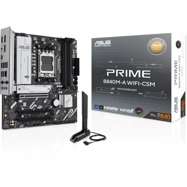 ASUS PRIME B840M-A CSM D5 WIFI mATX Motherboard – AMD AM5, DDR5, WiFi 6E, PCIe 5.0, Ryzen 7000/8000/9000 Series Support