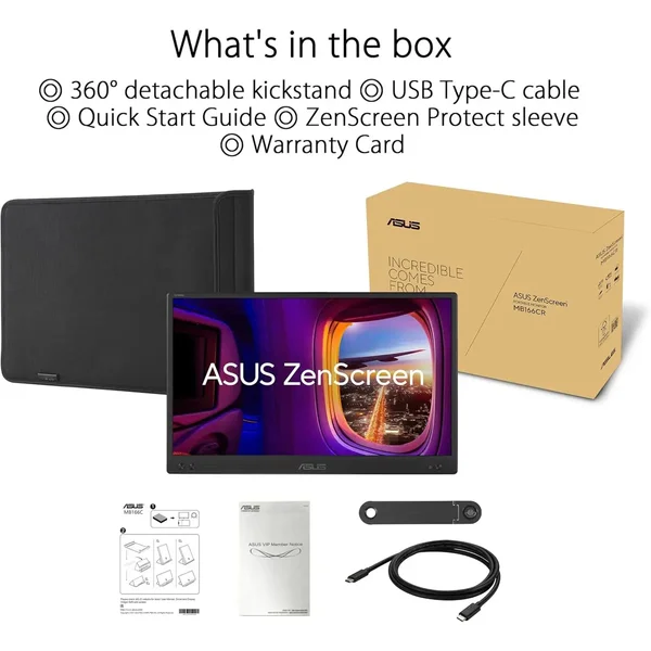 ASUS ZenScreen MB166CR 15.6" FHD IPS Portable Monitor – USB Type-C Travel Monitor 60Hz 5ms Anti-Glare Display