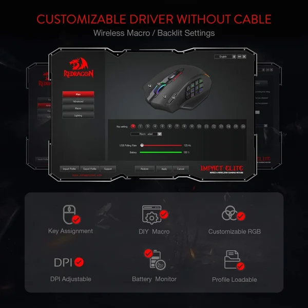Redragon Impact Elite M913 Wireless Gaming Mouse 16000 DPI 16 Buttons