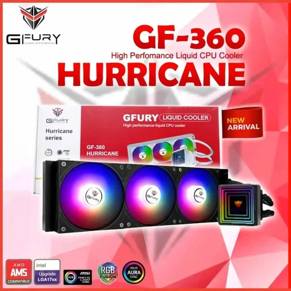 GFURY GF-360 BLACK HURRICAN 360mm ARGB Liquid CPU Cooler | Triple 120mm Fan High Performance AIO Cooling System for Gaming PC
