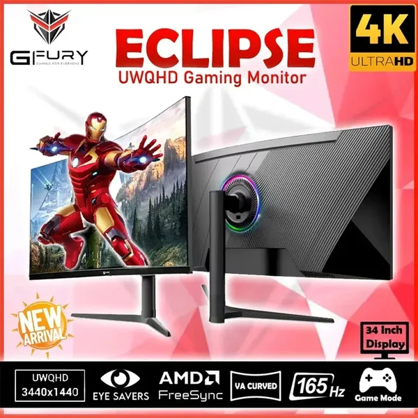 GFURY ECLIPSE 34” Curved Gaming Monitor UWQHD 3440x1440 165Hz VA Panel Ultrawide 2K+ Borderless High Refresh Rate Monitor DP HDMI Type-C USB Pakistan