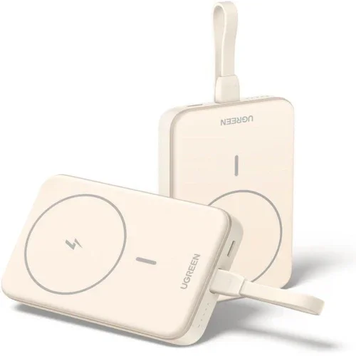 UGREEN PB760 10000mAh Mini Magnetic Wireless Power Bank White – 20W PD Fast Charging Power Bank with Built-In USB-C Cable, MagSafe Compatible Portable Charger