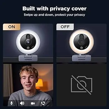 UGREEN 2K Webcam with 4-Level Ring Light and Microphone Privacy Cover