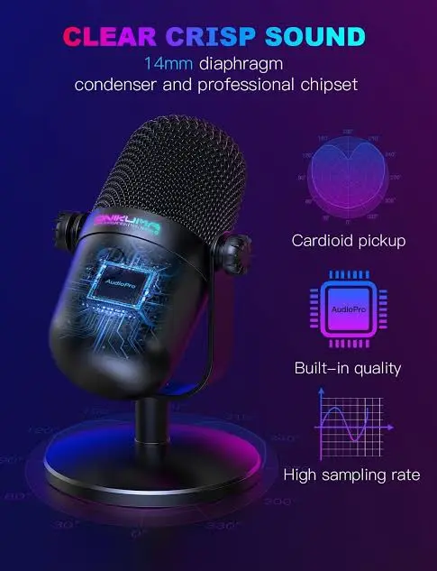 ONIKUMA M830 Black USB Condenser Microphone - 14mm Capsule, RGB, Touch Mute