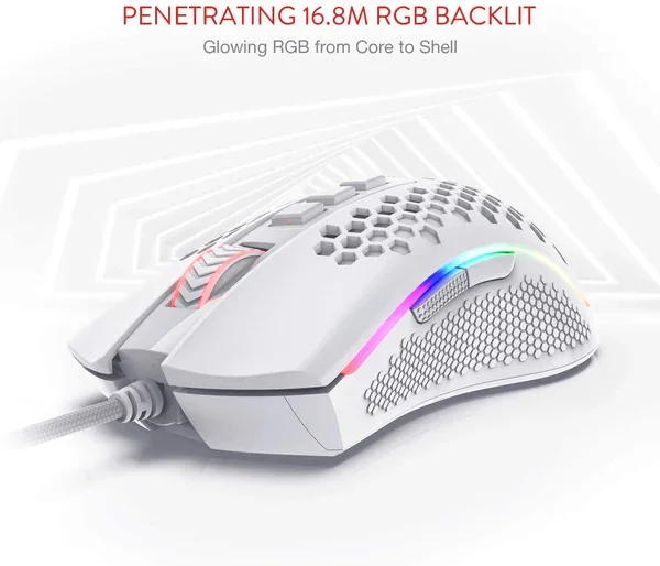 Redragon Storm RGB M808W White Wired Gaming Mouse – 12400 DPI Optical Sensor, Ultra-Light Honeycomb Design, RGB Backlit, 7 Programmable Buttons