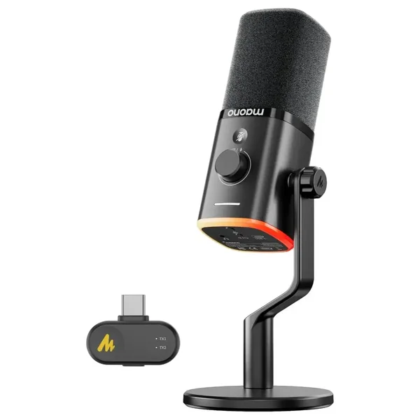 Maono PD100W Wireless Podcast Microphone System | 3-Level Adjustable Noise Reduction 1500mAh Battery Wired & Wireless Mode Professional Recording Mic