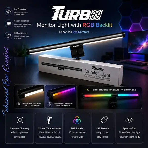 TURBO Monitor Light Bar with RGB Backlit – USB LED Screen Light, Eye-Care Desk Lamp, Gaming Monitor Light