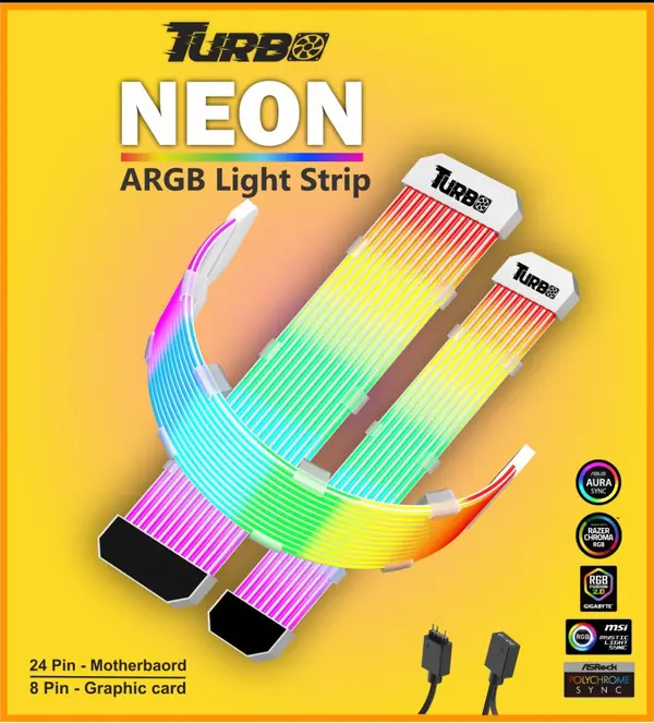 TURBO NEON ARGB Extension Cable Light Strip – 24-Pin Motherboard + 8-Pin GPU Extension Set, RGB PC Gaming Cable