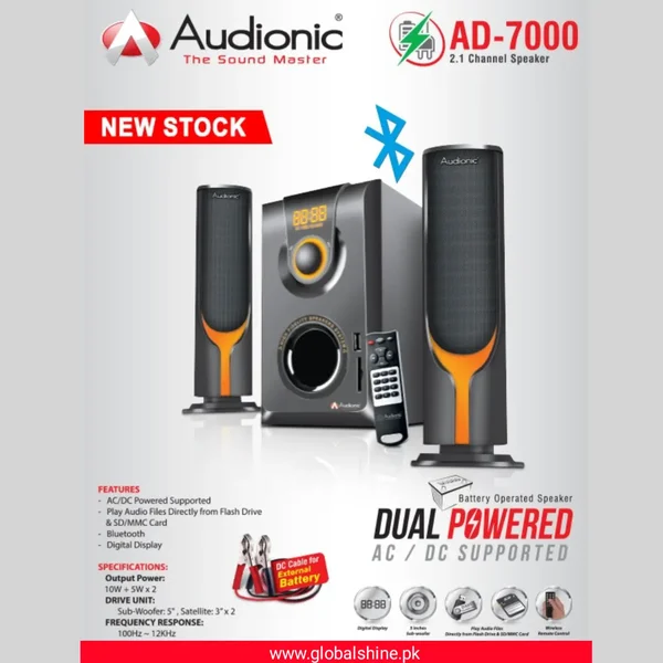 Audionic AD-7000 Plus 2.1 Multimedia Bluetooth Speaker – AC/DC Supported Woofer Speaker System with Remote Control, USB, SD Card & Deep Bass