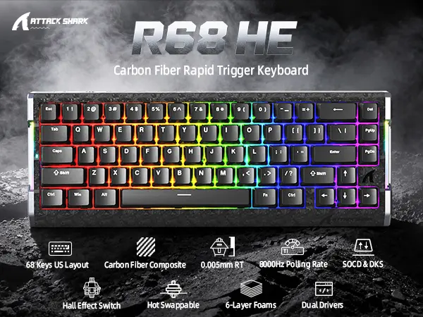 Attack Shark R68HE Carbon Fiber Wired Rapid Trigger Magnetic Switch Keyboard – 60%, 8KHz, RGB, Black