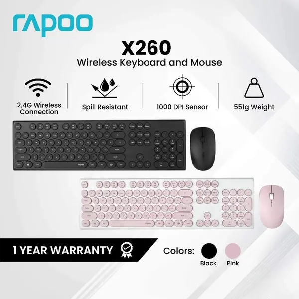 Rapoo X260S Wireless Keyboard & Mouse Combo – 2.4GHz, Silent Click, Floating Retro Round Keycaps, 1000 DPI