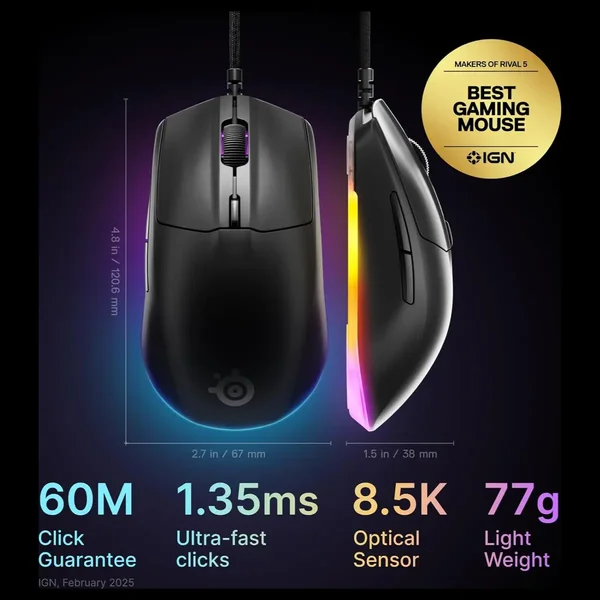 SteelSeries Rival 3 Gen 2 RGB Gaming Mouse Black – 8500 DPI TrueMove Core Sensor, 6 Programmable Buttons, Ultra-Lightweight Esports Mouse