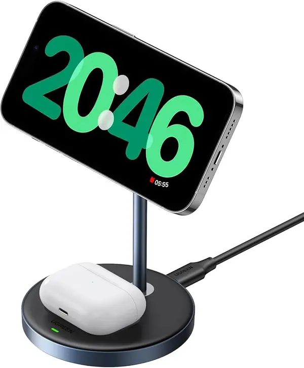 UGREEN W528 2-in-1 Magnetic Wireless Charger for iPhone & AirPods – MagSafe Compatible Fast Charging Stand, Grey