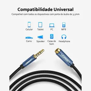 UGREEN 3.5mm Male to 3.5mm Female AUX Extension Cable 2M Black | Braided Gold-Plated Stereo Audio Extension Cable for Headphones, Speakers, Car & Laptop