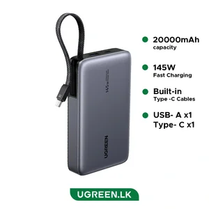 UGREEN Nexode 20000mAh 145W Power Bank with Built-in USB-C Cable Space Grey | PD 3.1 Fast Charging Portable Battery Pack for MacBook, Laptop, iPhone & Samsung