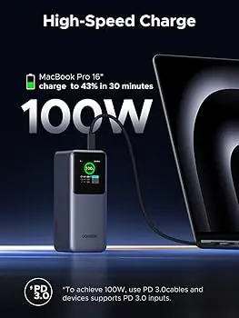 UGREEN 20000mAh 130W Fast Charging Power Bank Black – PD 3.1 Portable Power Bank with USB-C Laptop Charging, Digital Display & High-Capacity Battery