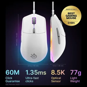 SteelSeries Rival 3 Gen 2 RGB Gaming Mouse White – 8500 DPI TrueMove Core Optical Sensor, Ultra-Lightweight Wired Esports Mouse with 6 Programmable Buttons