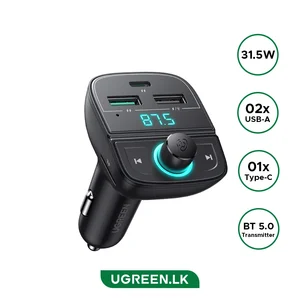 UGREEN CD229 Bluetooth 5.0 FM Transmitter & 31.5W Car Charger with TF Card Slot – USB-C PD + USB-A Fast Charging Adapter Black