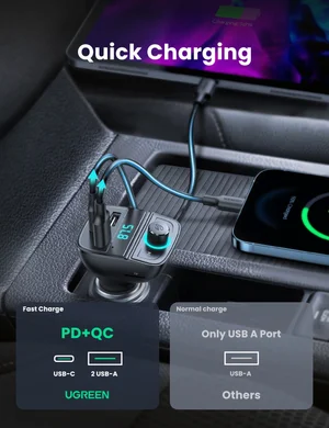 UGREEN CD229 Bluetooth 5.0 FM Transmitter & 31.5W Car Charger with TF Card Slot – USB-C PD + USB-A Fast Charging Adapter Black
