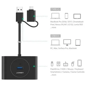 UGREEN USB 3.0 Hub with USB-C Port 1m Black 4 In 1 Multiport Adapter for Laptop PC