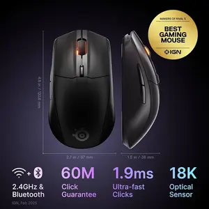 SteelSeries Rival 3 Gen 2 Wireless RGB Gaming Mouse Black – Dual Wireless 2.4GHz & Bluetooth, 18000 DPI TrueMove Air Sensor, Ultra-Low Latency Esports Mouse