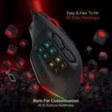 Redragon Aatrox M811 Wired RGB MMO Gaming Mouse – 12400 DPI PixArt Sensor, 15 Programmable Buttons, 10 Side Macro Keys, Ergonomic Gaming Mouse
