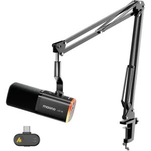 Maono PD100WS Wireless Podcast Microphone with Stand | 7-Layer Noise Reduction 3-Level Adjustable Noise Control Wired & Wireless Mode 1500mAh Battery Mic System