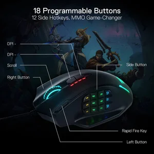 Redragon Impact M908 Wired RGB MMO Gaming Mouse – 12400 DPI Optical Sensor, 18 Programmable Buttons, 12 Side Macro Keys, Professional MMO Gaming Mouse