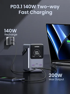 UGREEN PB770 48000mAh 300W Portable Power Bank Black | 5-Port PD 3.1 Fast Charging Laptop Power Bank with 140W USB-C & Smart Display