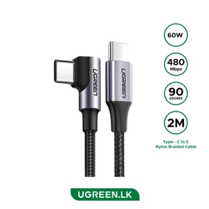 UGREEN US255 USB-C 2.0 Male to 90° Angled USB-C Male 3A Fast Charging Data Cable 3 Meter – Right Angle USB Type-C Cable