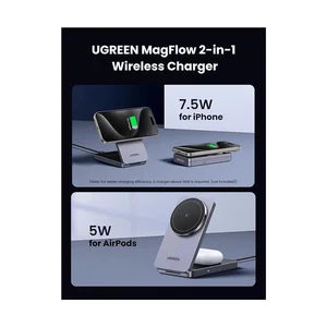 UGREEN W528 2-in-1 Magnetic Wireless Charger for iPhone & AirPods – MagSafe Compatible Fast Charging Stand, Grey