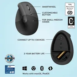 Logitech Lift Vertical Ergonomic Mouse - Ergo Series, Wireless, Bluetooth or Logi Bolt USB - Graphite 