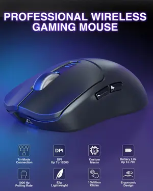 Aula Wind SC580 Wireless Gaming Mouse, Tri-Mode 2.4G/BT5.0/USB-C Gaming Mouse, 12000 DPI Rechargeable Wireless Mouse with 6 Programmable Buttons, Ergonomic Computer Mouse for Laptop/PC/Mac/Tablet (Black)