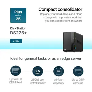 Synology DiskStation DS225+ 2-Bay NAS, Diskless - 40TB