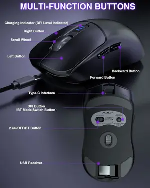 Aula Wind SC580 Wireless Gaming Mouse, Tri-Mode 2.4G/BT5.0/USB-C Gaming Mouse, 12000 DPI Rechargeable Wireless Mouse with 6 Programmable Buttons, Ergonomic Computer Mouse for Laptop/PC/Mac/Tablet (Black)