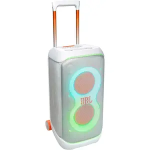 JBL PartyBox Stage 320 Portable Party Speaker, Powerful JBL Pro Sound, 6.5" Woofers, 25mm Tweeters, Futuristic Lightshow, Up to 18 Hours Playtime, Telescopic Handle, Wheels, Splash Proof, White