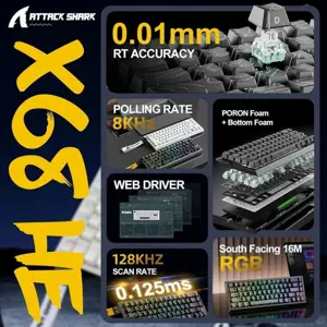 ATTACK SHARK X68 HE Rapid Trigger Keyboard, 60% Wired, Magnetic Switch, 0.01mm RT Accuracy, 8000Hz Polling Rate, Adjustable Actuation 0.1-3.4mm, RGB, Moonlight Night
