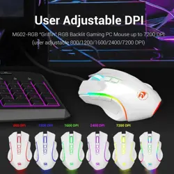 Redragon GRIFFIN WHITE M607W RGB Wired Gaming Mouse 7200 DPI 8 Buttons 5 Memory Modes 16M Color White Gaming Mouse for FPS MOBA PC Laptop