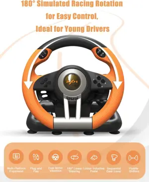 PXN V3 Pro Gaming Racing Steering Wheel – 180° Steering, Dual Vibration, Multi-Platform, Orange