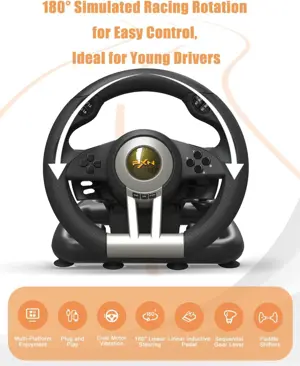 PXN V3 Pro Gaming Racing Steering Wheel, 180° Steering, Dual Vibration, Linear Pedals, Black