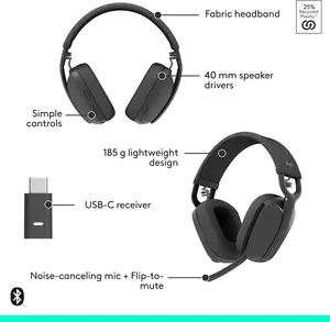 Logitech ZONE Vibe Wireless UC Bluetooth Headset Graphite - Unified Communications, Noise-Cancelling Mic (981-001199)