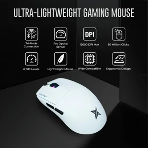 CrystalX Frost X20 Lightweight Wireless Gaming Mouse, 48g Tri-Mode Bluetooth/2.4G/USB-C Wired Mouse, PAW3311 18K DPI Sensor, 65h Battery Life, Programmable Buttons, Grips for PC/Laptop/Mac - White