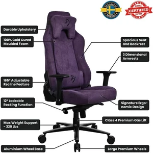 Arozzi Vernazza SFB Soft Fabric PP Purple Ergonomic Gaming Chair - Metal Frame, 3D Armrests, 5 Lockable Rocking Positions, Up to 145kg