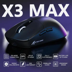 ATTACK SHARK X3MAX Wireless Gaming Mouse, PixArt PAW3950 Sensor, Up To 42000 DPI, Tri-Mode BT/2.4G/Wired, 49g Superlight, 200 Hours Battery, Black