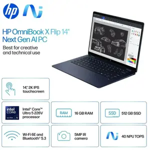 HP OmniBook X Flip 14-FM0013DX Intel Core Ultra 5 226V 16GB RAM 512GB SSD 14” 2K Touchscreen 2-in-1 Laptop Windows 11 Home Backlit Keyboard Atmospheric Blue