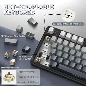ATTACK SHARK X87 Tri-mode Gasket Mechanical Keyboard, 80% Layout, Bluetooth 5.1 and 2.4G and Type-C, Hot-Swappable, RGB, 4000mAh Battery, Moon Night, Strawberry Switches