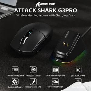 ATTACK SHARK G3PRO Tri-Mode Wireless Gaming Mouse with Charge Dock, 25000 DPI, PixArt PAW3311 Sensor